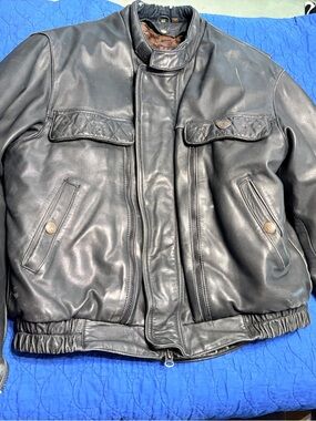 Men's Black Leather Bomber Jacket with Quilted Flap Pockets